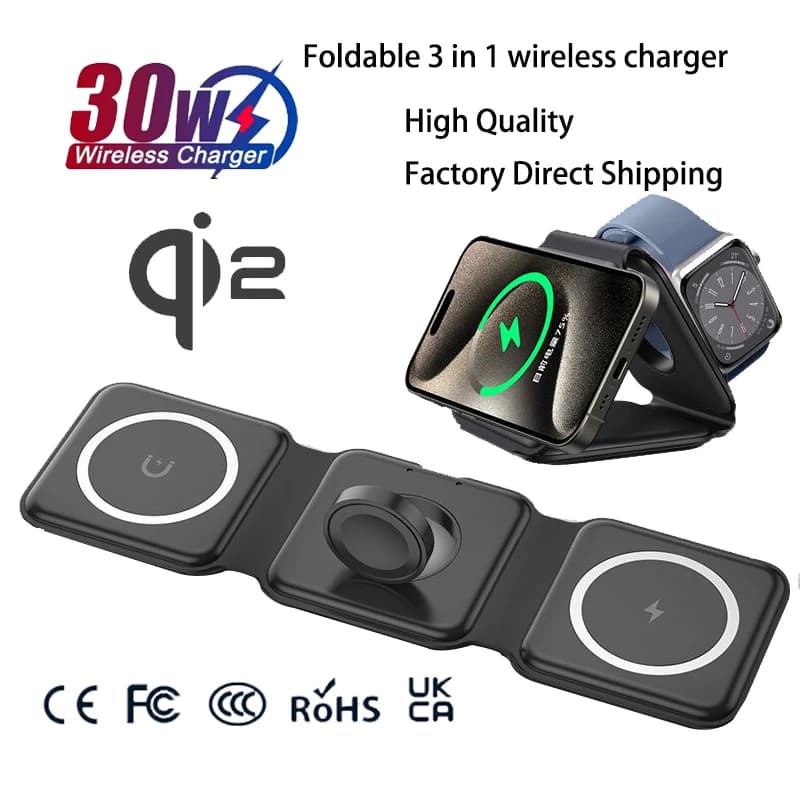 Station de charge pliable magnétique Qi2 3 en 1 pour voyage — Station de Charge Sans Fil Pliable
