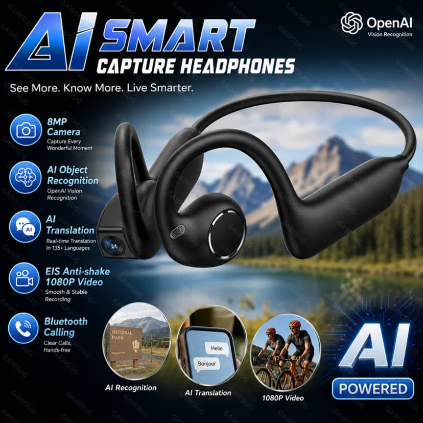 Fones de Ouvido Inteligentes com IA, Câmera 1080P e Tradução OpenAI — Fones de ouvido
