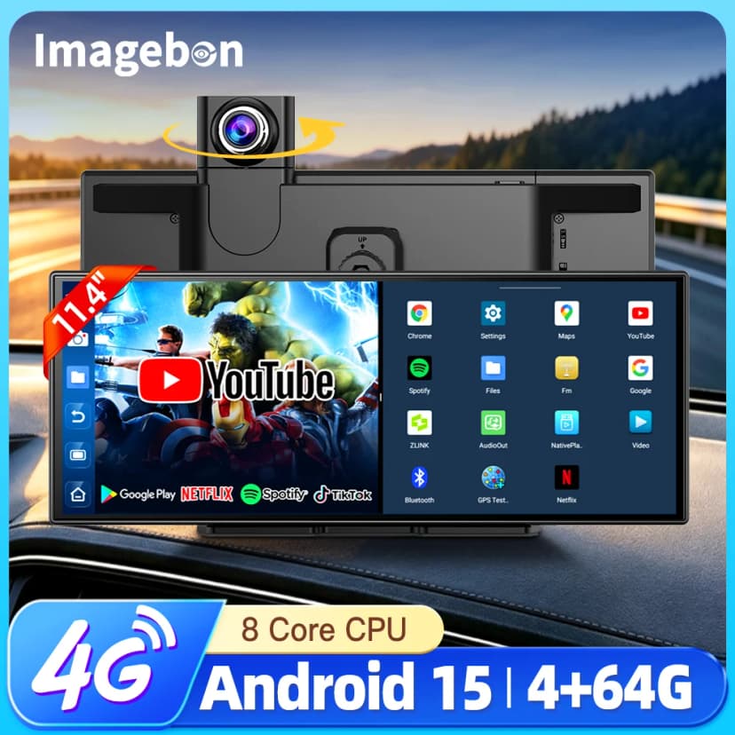 Imagebon 11,4 Zoll Dashcam 4G Android 15 mit CarPlay — Kabellose Autopoliermaschine