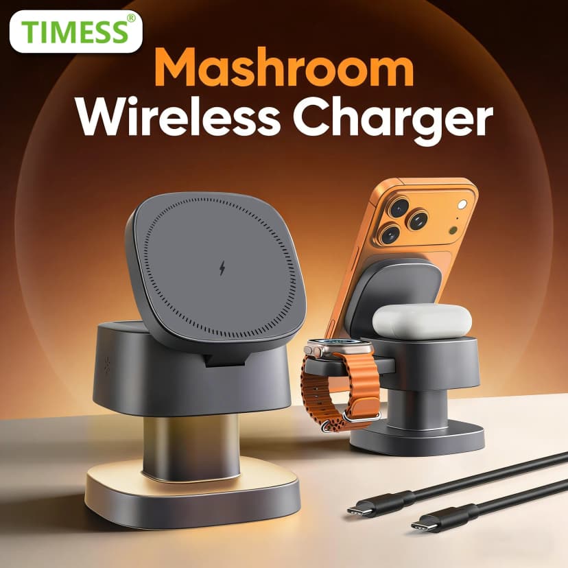 Caricatore Wireless 3 in 1 TIMESS con Luce Notturna a Forma di Fungo — Caricatore Wireless Magnetico 3 in 1 | TIMESS