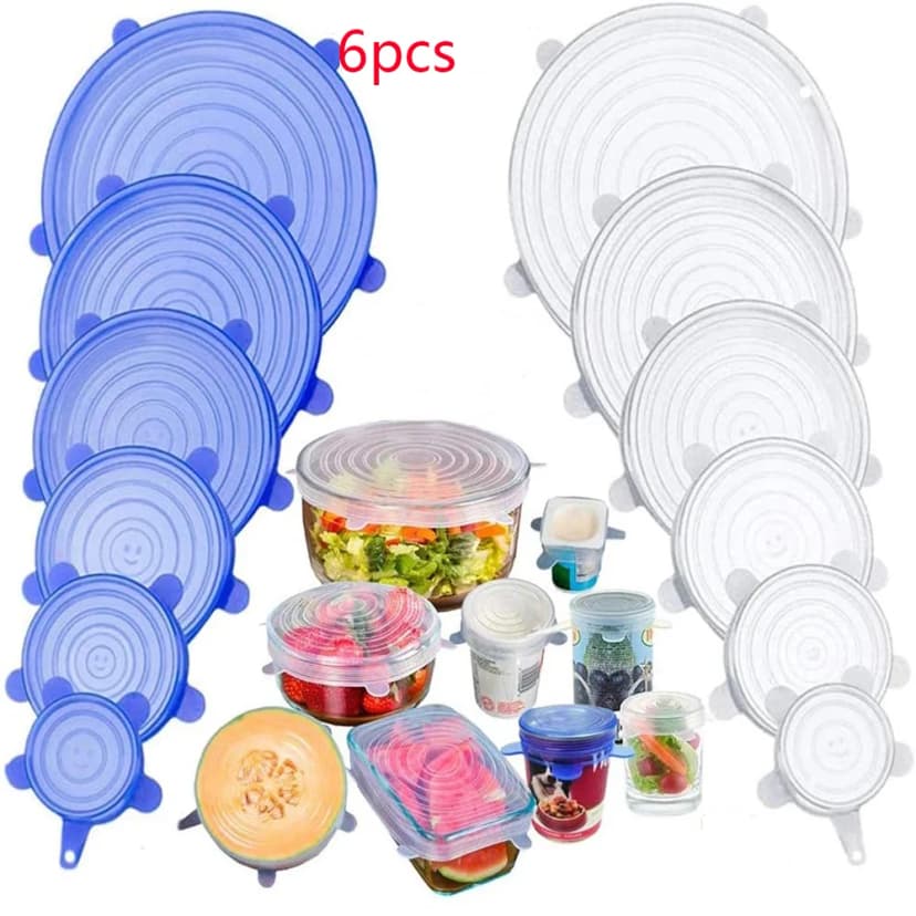 6 Tampas de Silicone Elásticas Reutilizáveis para Alimentos — Tampas Silicone Elásticas Alimentos