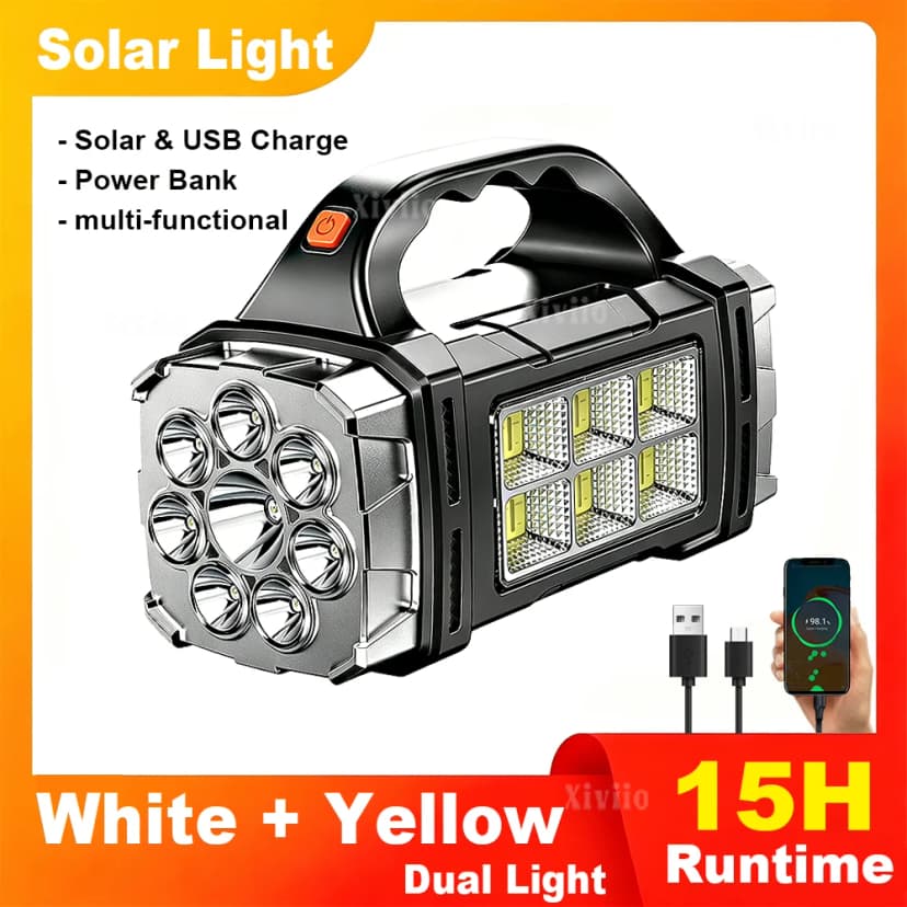 Wiederaufladbare LED-Solar-Taschenlampe mit Akku und seitlichem COB-Licht — Solar Powerbank Outdoor